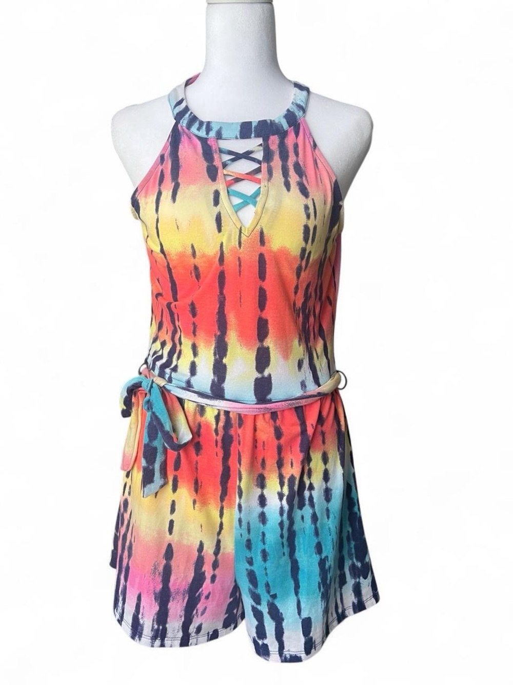 Derek Heart Multi-Color Tie-Dye Crisscross Neck Romper